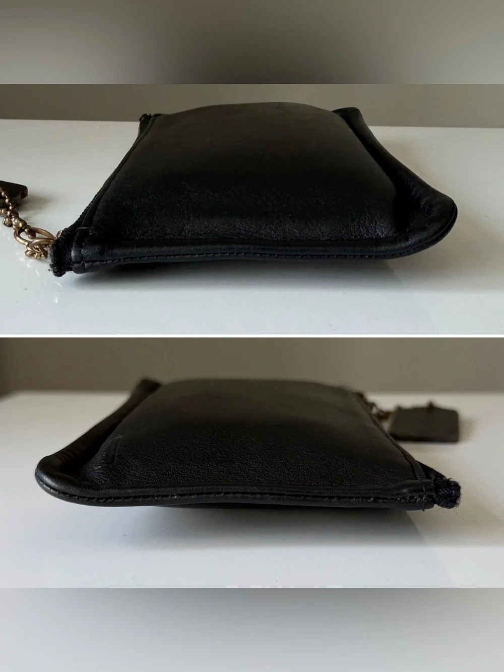 Vintage Coach 7170 Skinny Case Black Leather Striped Lining Zip Pouch